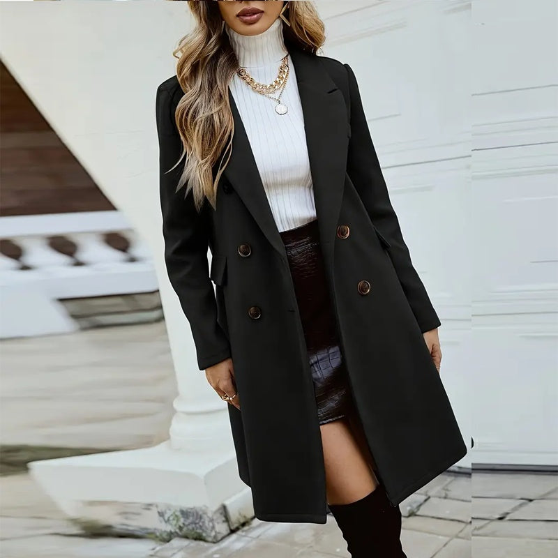Women's Solid Color Double-Breasted Wool-Like Coat Notch Lapel Long