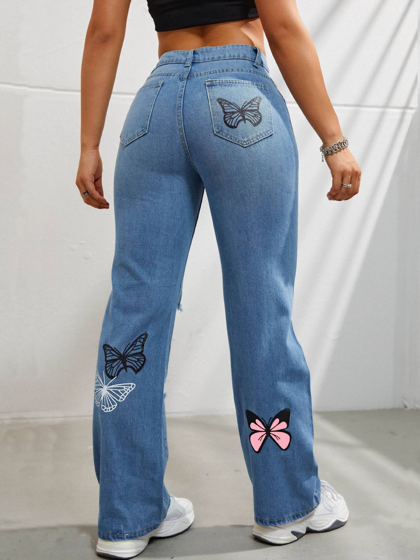 Butterfly Bliss High-Waisted Ripped Jeans – Trendy & Chic!  High