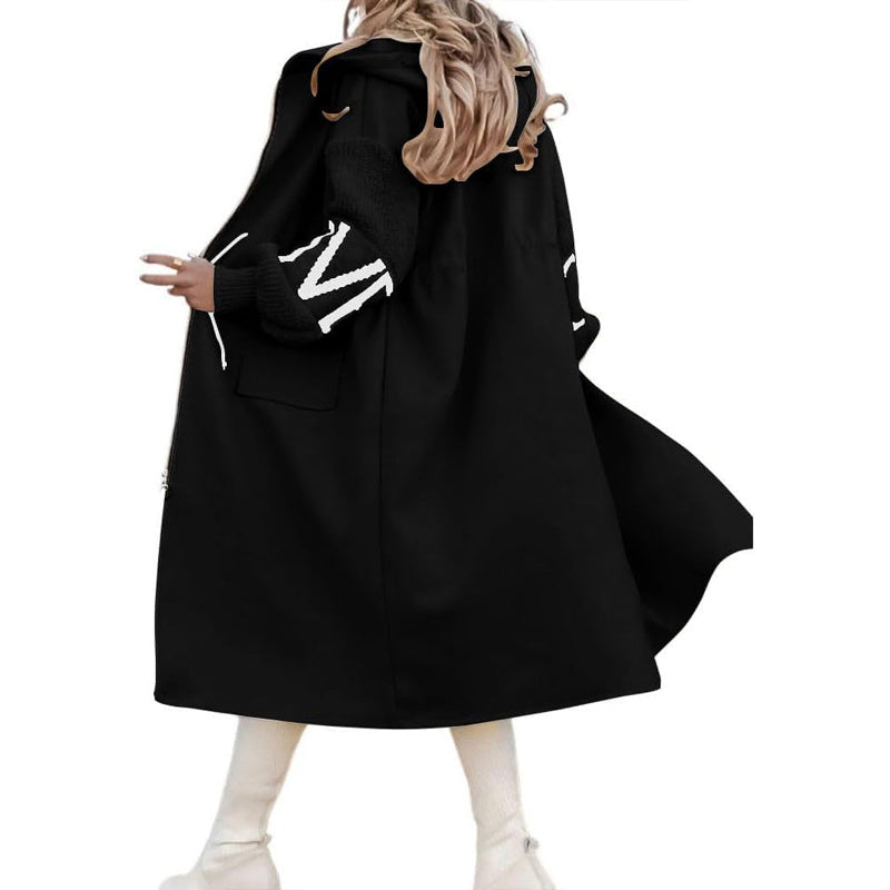 Women's Long Sleeve Letter Print Hooded Coat With Pockets - Zip Front