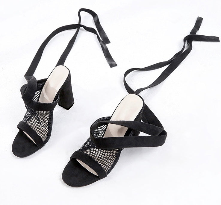 Women Sandals Bandage Flock Cross Strap Lace Up - High Heels Sandal