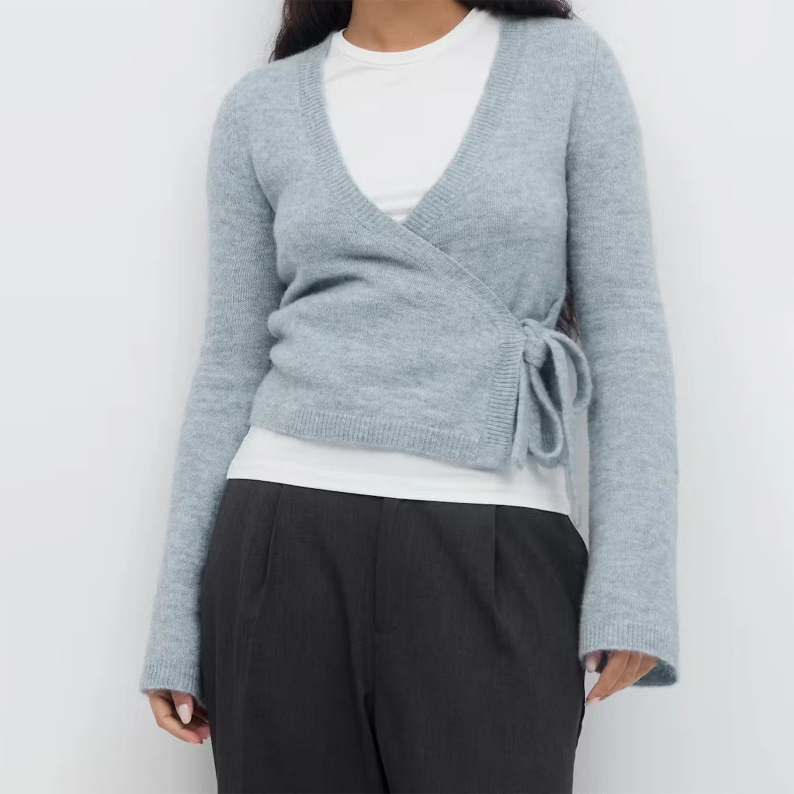 New Fashion Women Tie Front Wrap Cardigan Solid V Neck Long Sleeve Crop Knit Sweater Casual Fall Clothes Hot Sale S M L