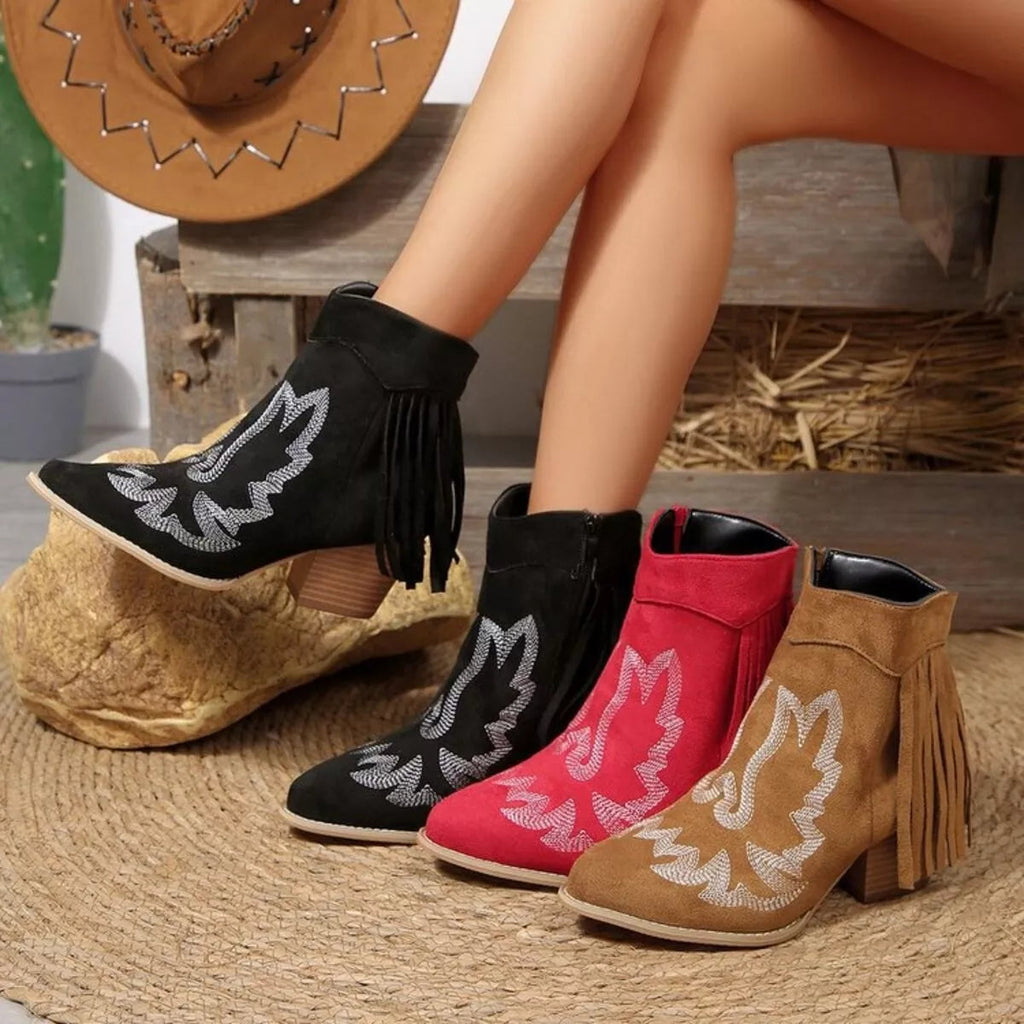 Western Fringe Point Toe : Block Ankle Heel Boots