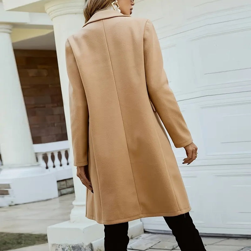 Women's Solid Color Double-Breasted Wool-Like Coat Notch Lapel Long