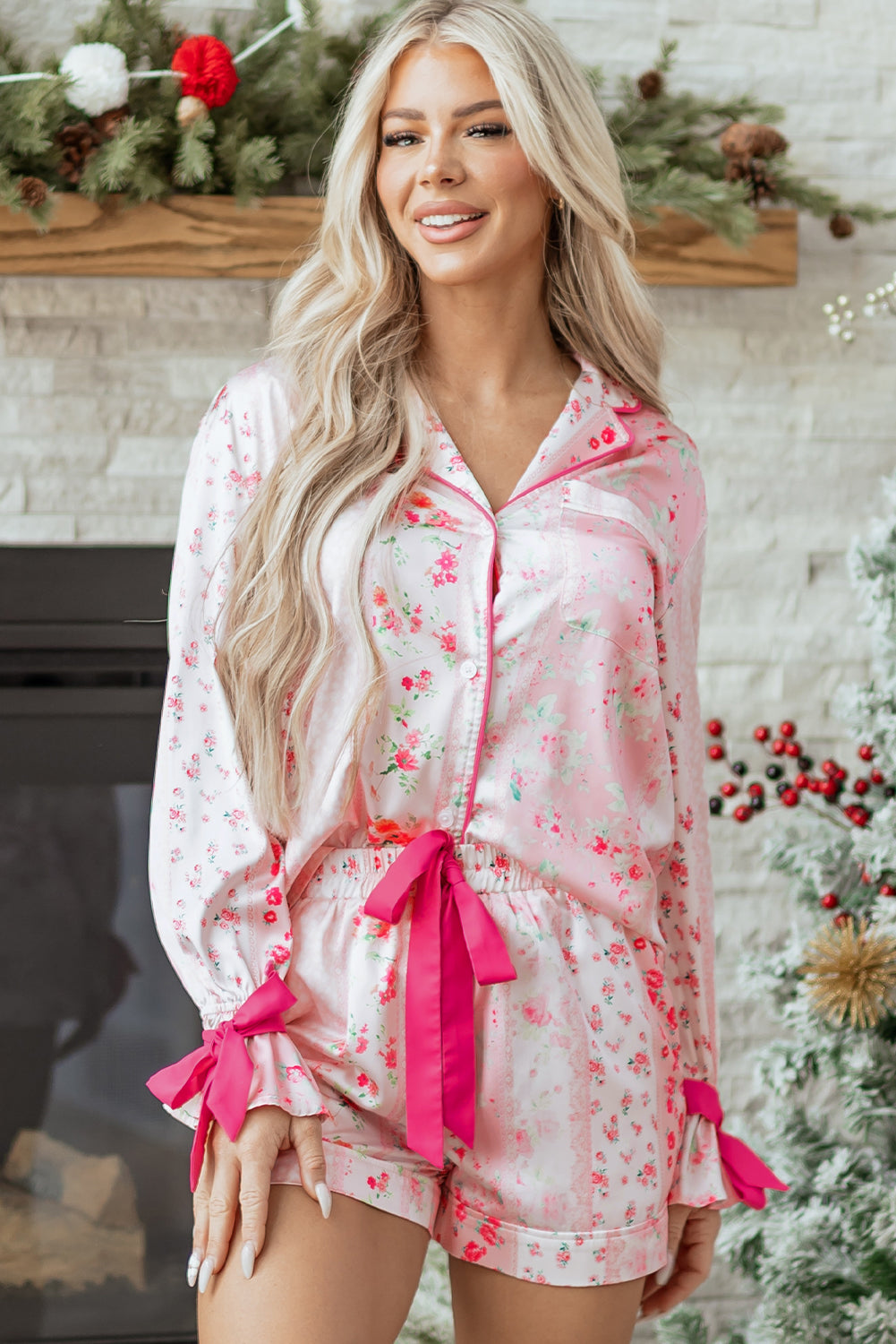 Floral Shirt Satin Tie and Shorts Pajama Set