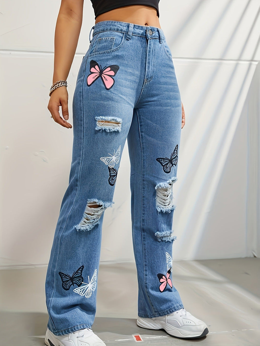 Butterfly Bliss High-Waisted Ripped Jeans – Trendy & Chic!  High