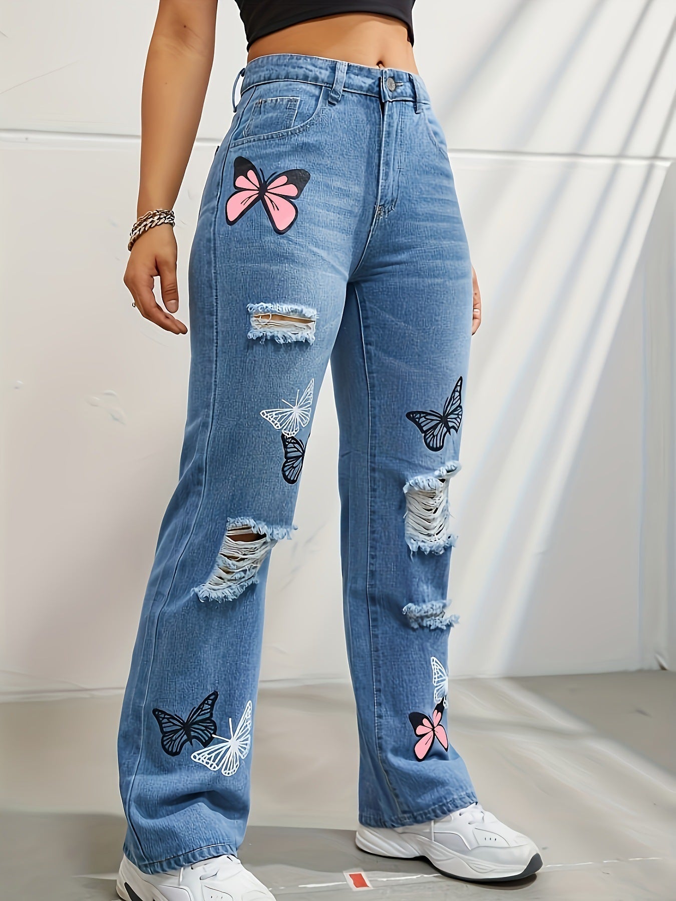 Butterfly Bliss High-Waisted Ripped Jeans – Trendy & Chic!  High