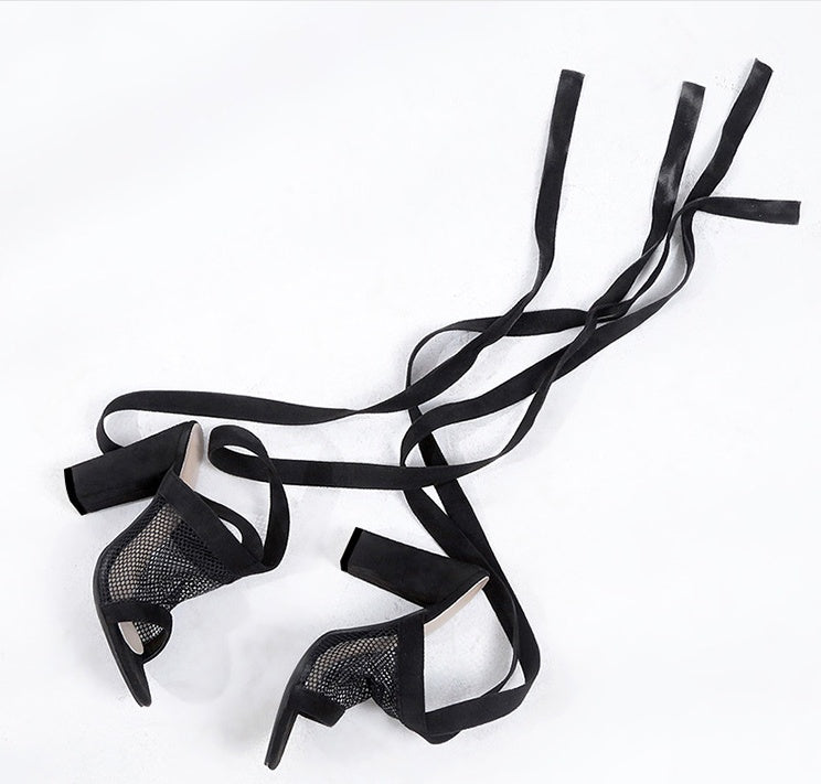 Women Sandals Bandage Flock Cross Strap Lace Up - High Heels Sandal