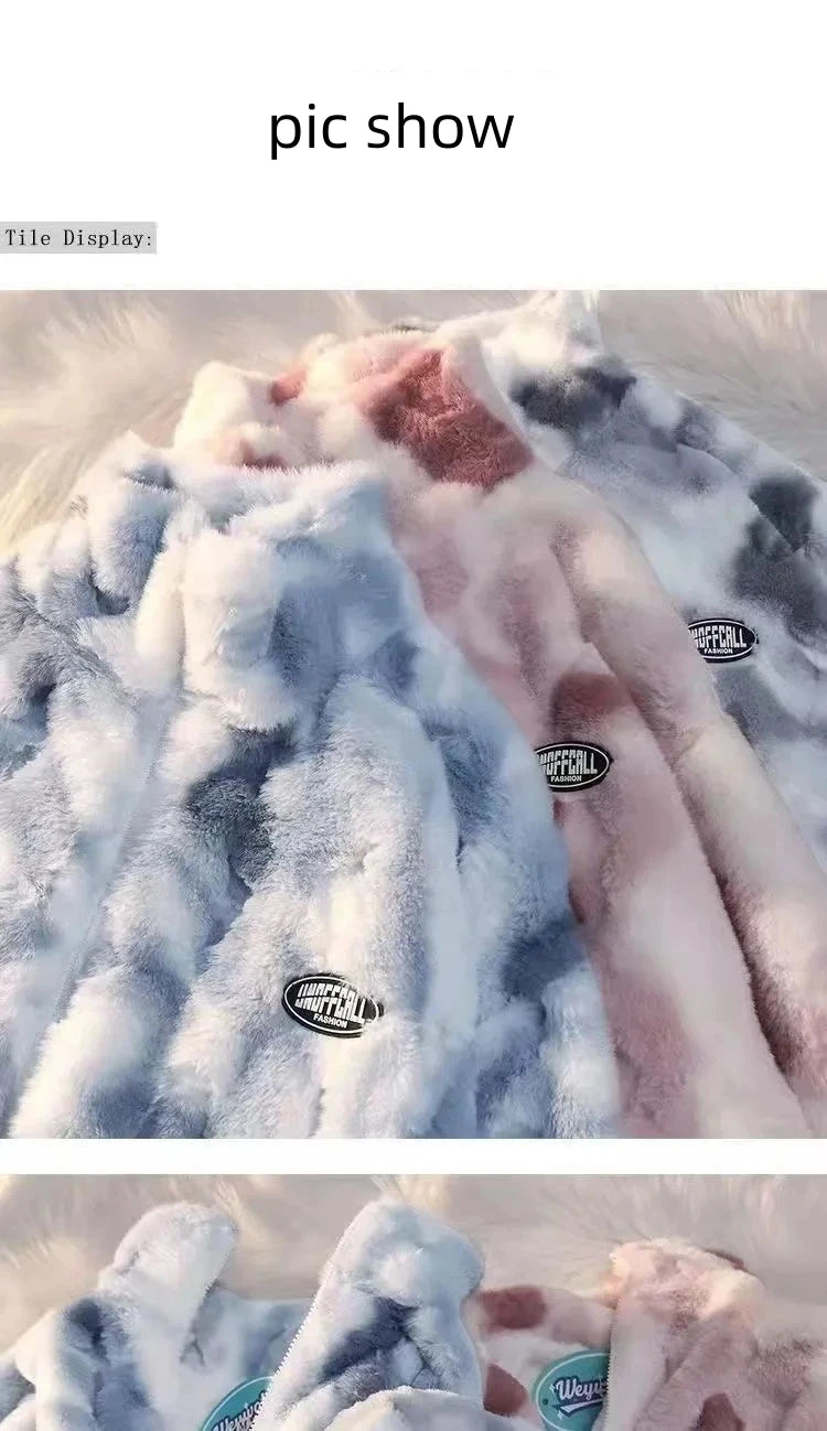 New Women's Tie Dye Lamb Fleece Jacket Autumn Winter Zipper Outerwear Warm Plush Jackets Harajuku Casual Loose Female Thick Coat Active