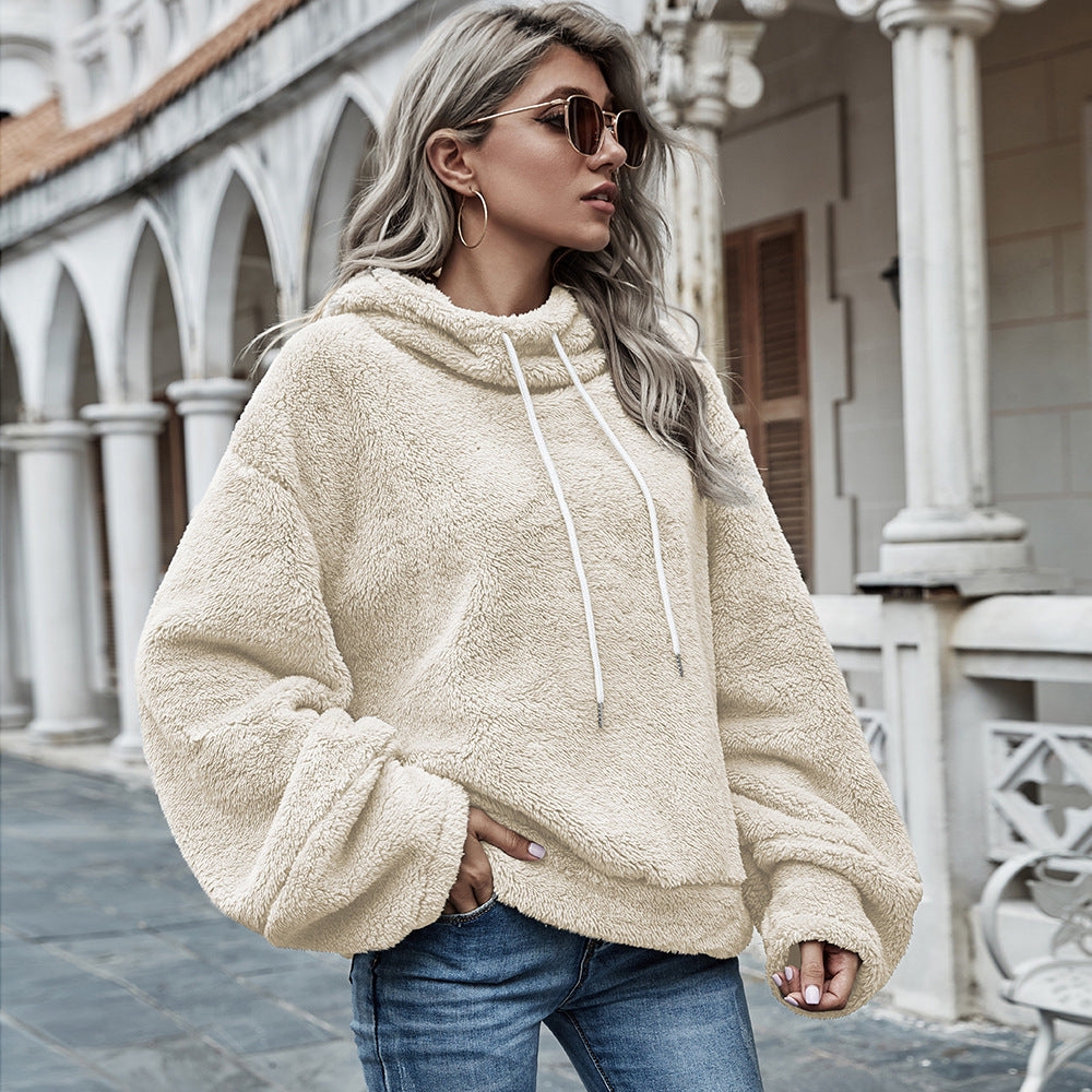 Hooded Solid Color Plush Loose Sweater - Women  Sweater