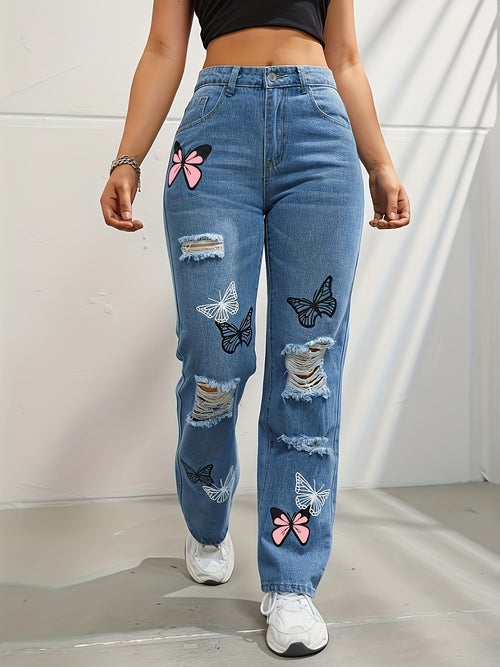 Butterfly Bliss High-Waisted Ripped Jeans – Trendy & Chic!  High