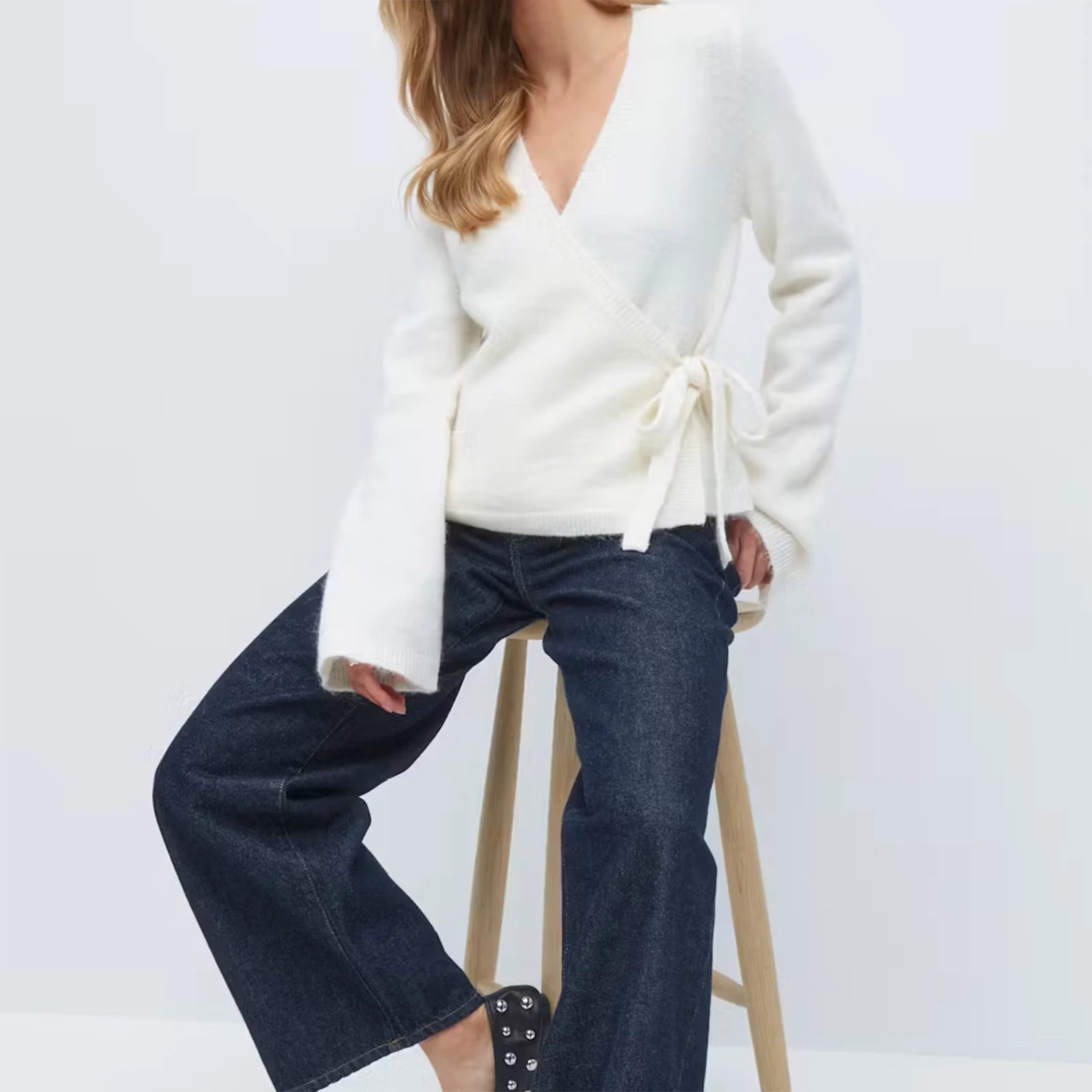 New Fashion Women Tie Front Wrap Cardigan Solid V Neck Long Sleeve Crop Knit Sweater Casual Fall Clothes Hot Sale S M L