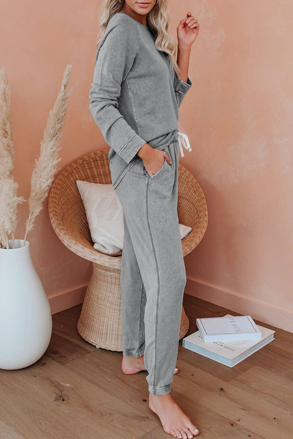 Gray Raglan Sleeve Top And Pants Loungewear Set