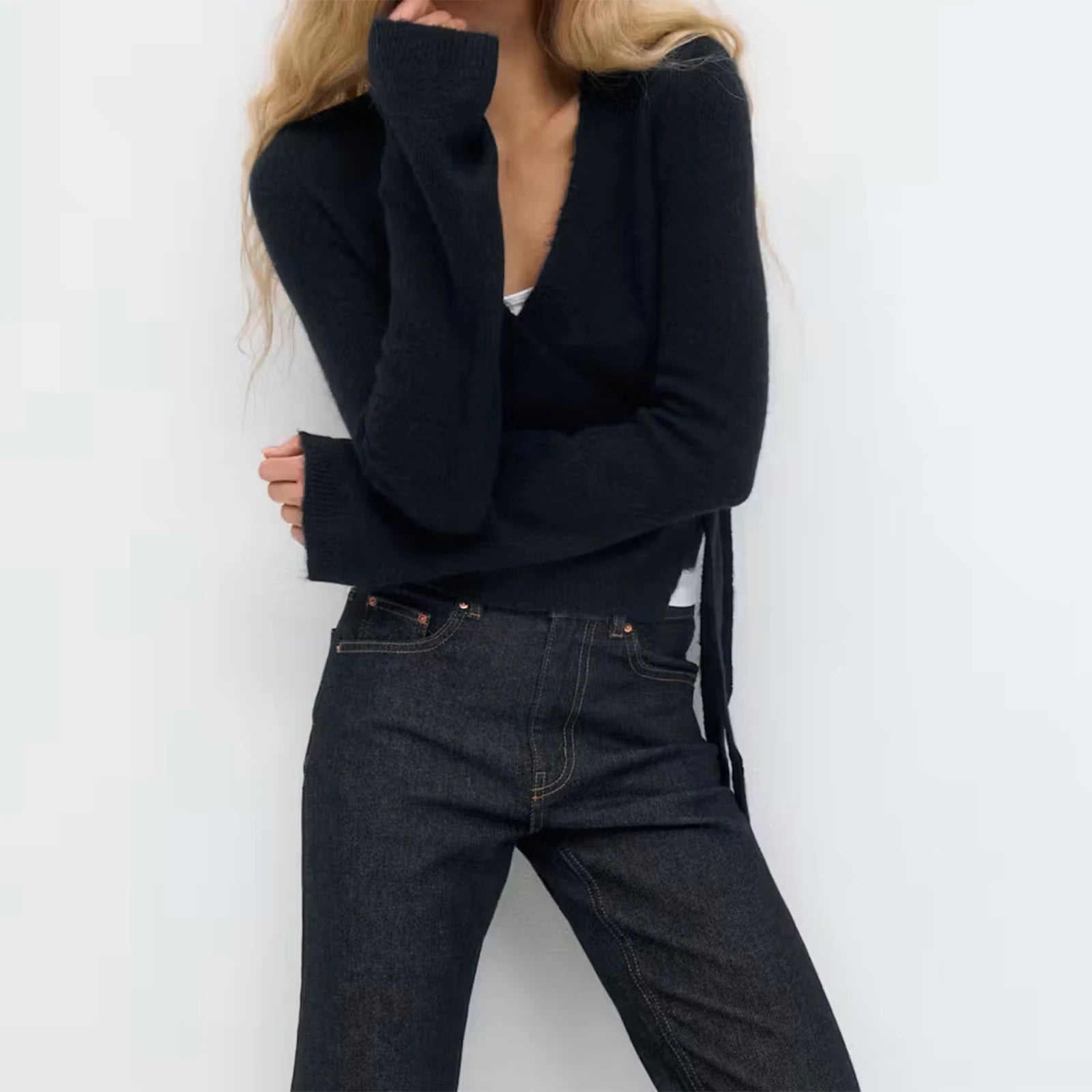 New Fashion Women Tie Front Wrap Cardigan Solid V Neck Long Sleeve Crop Knit Sweater Casual Fall Clothes Hot Sale S M L