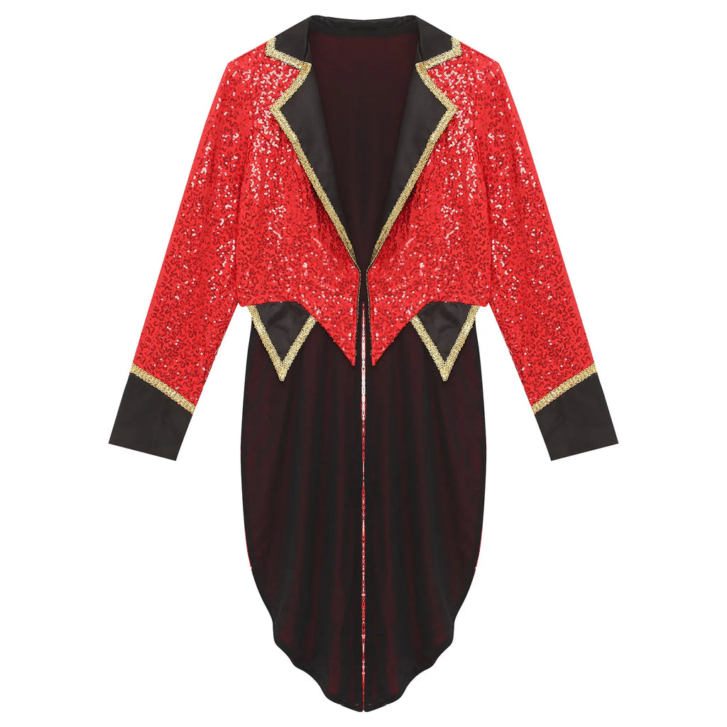 Womens Sequin Circus Ringmaster Jacket Tuxedo Coat Costume Halloween Carnival Magician Tailcoat Showman Blazer Coat Rave Outfits