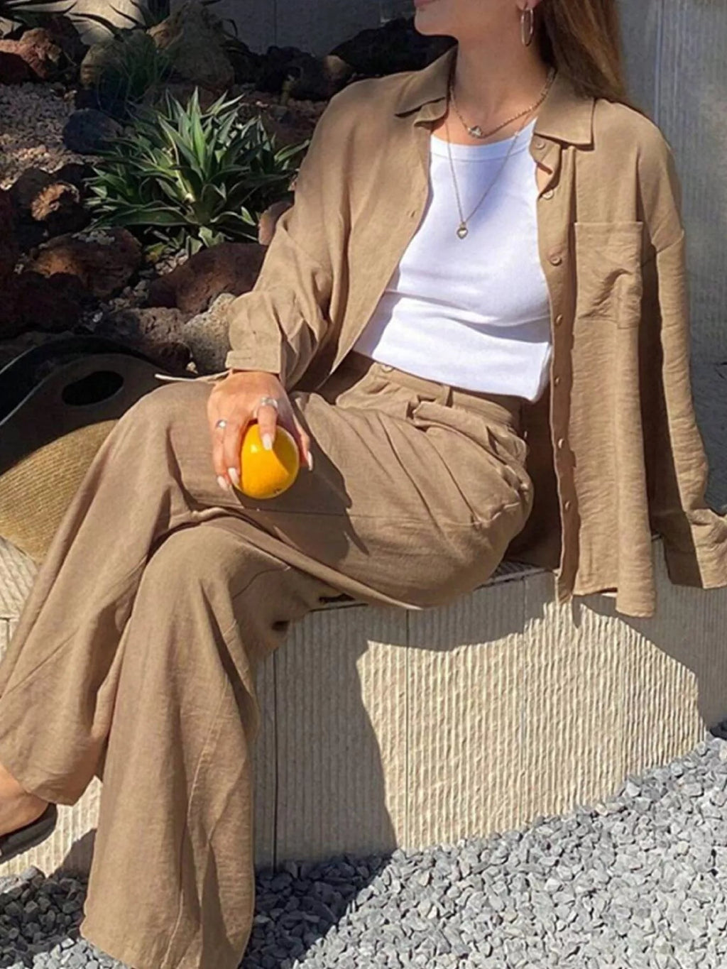 Full Size Relaxed Fit Button Up Shirt and Pants Two-Piece Set Plus