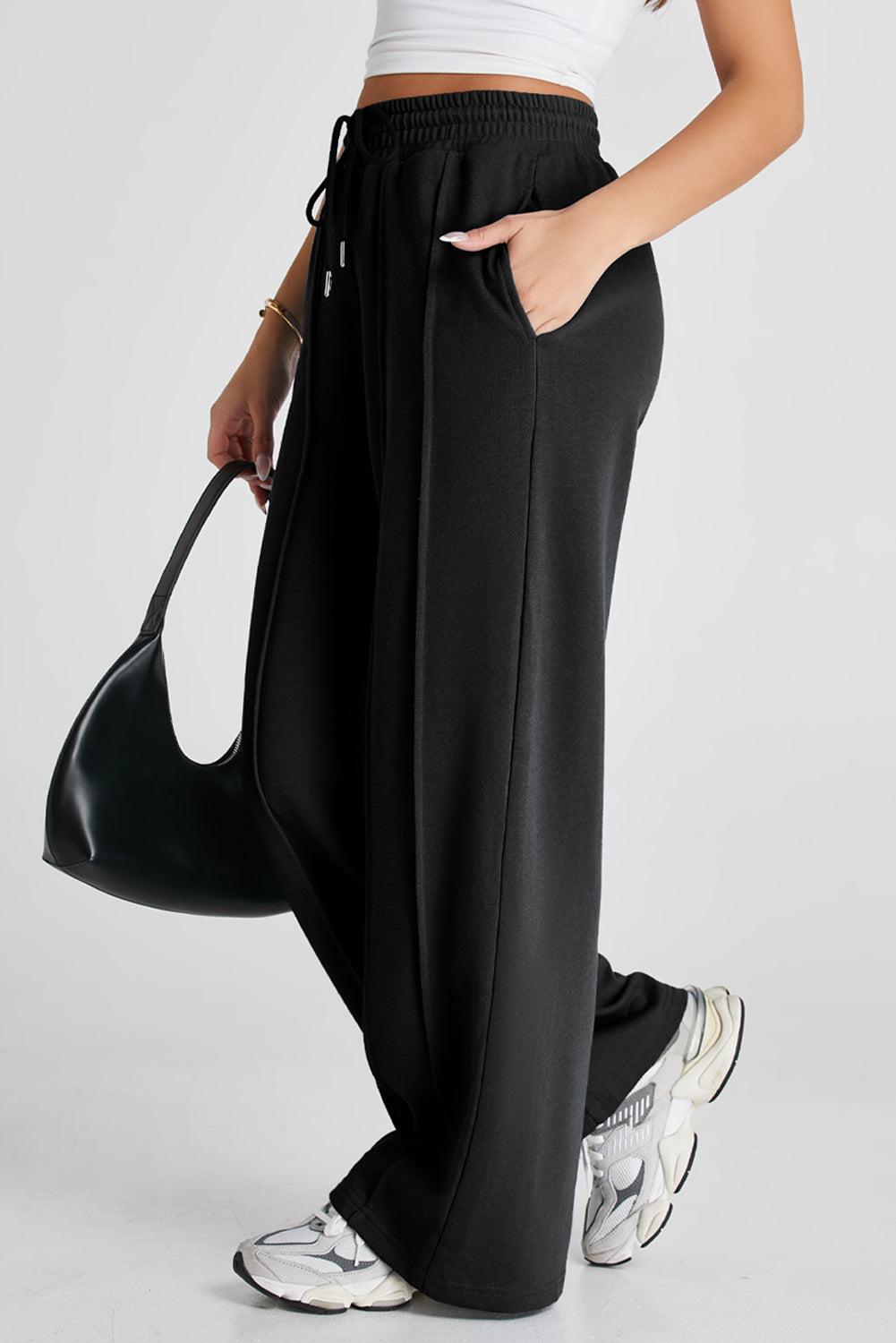 Solid Seam Drawstring Wide Leg Sweatpants