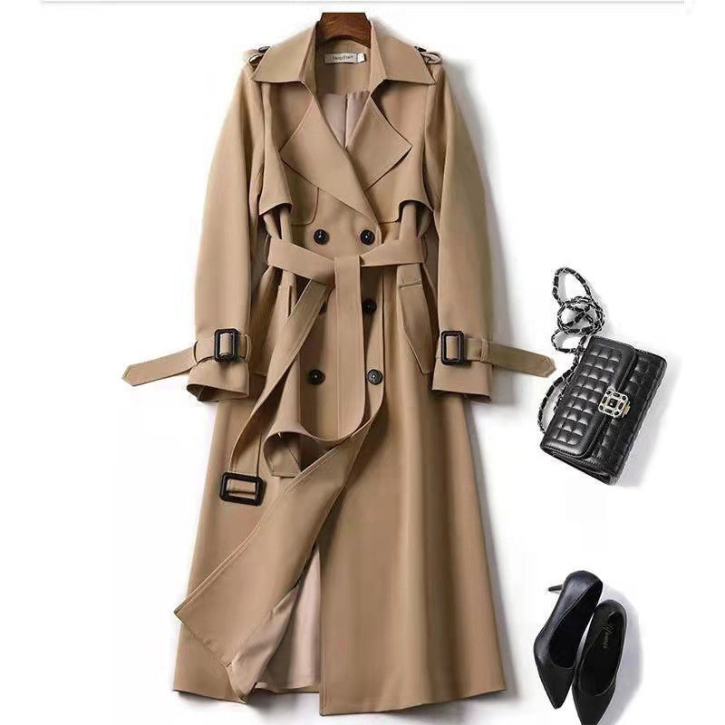 Women's Classic Trench Coat, Solid Color Long Sleeve Belted Mid-Length