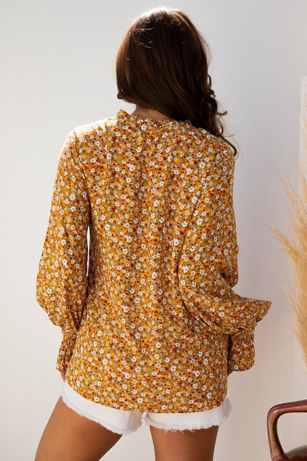 Boho Floral Ruffle Bubble Sleeve V-Neck Blouse