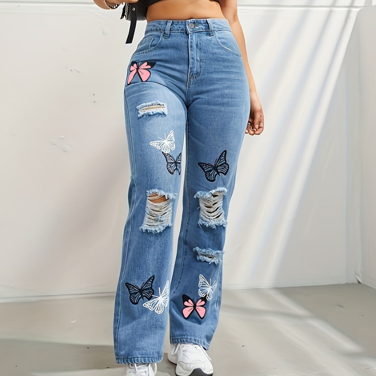 Butterfly Bliss High-Waisted Ripped Jeans – Trendy & Chic!  High