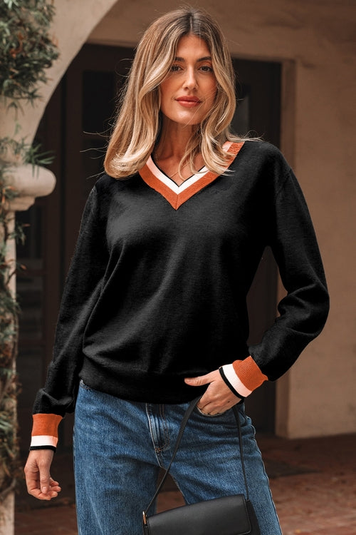 Varsity Stripe Contrast Trim V-Neck Sweater