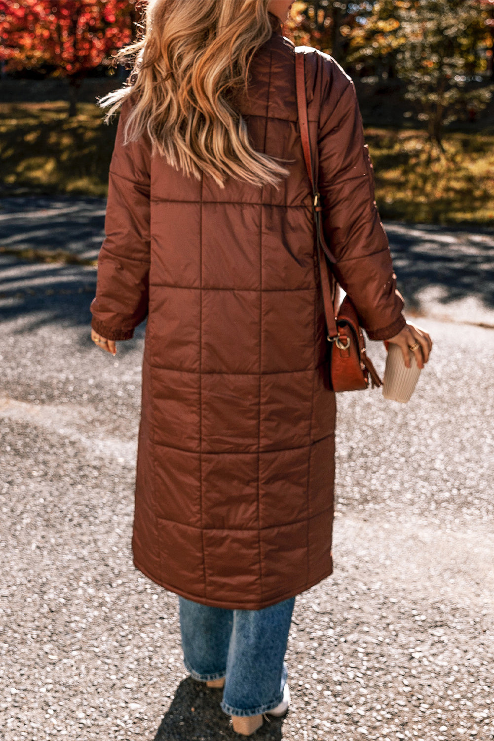 Solid Quilted Stand-Neck Zip-Up Buttoned  Puffer Coat