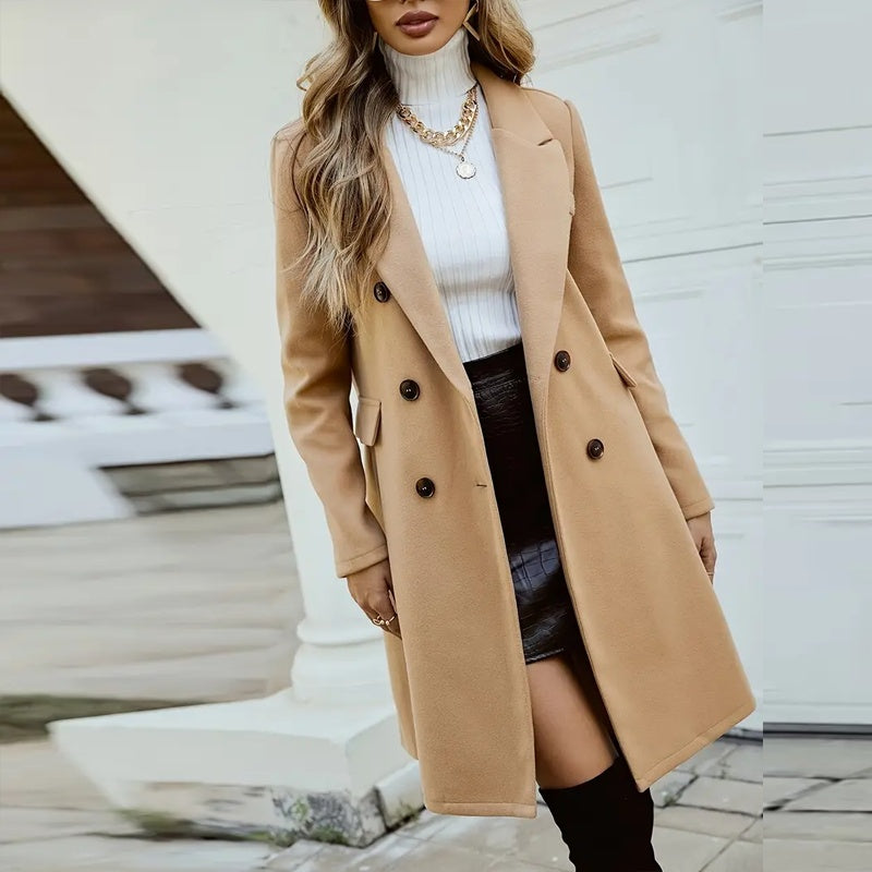 Women's Solid Color Double-Breasted Wool-Like Coat Notch Lapel Long