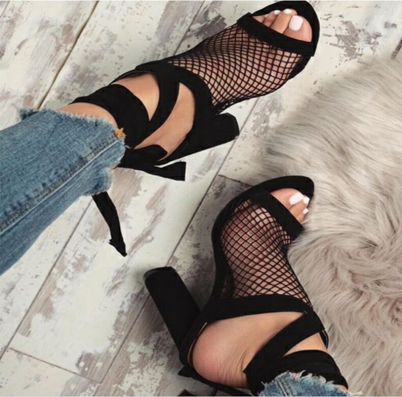 Women Sandals Bandage Flock Cross Strap Lace Up - High Heels Sandal