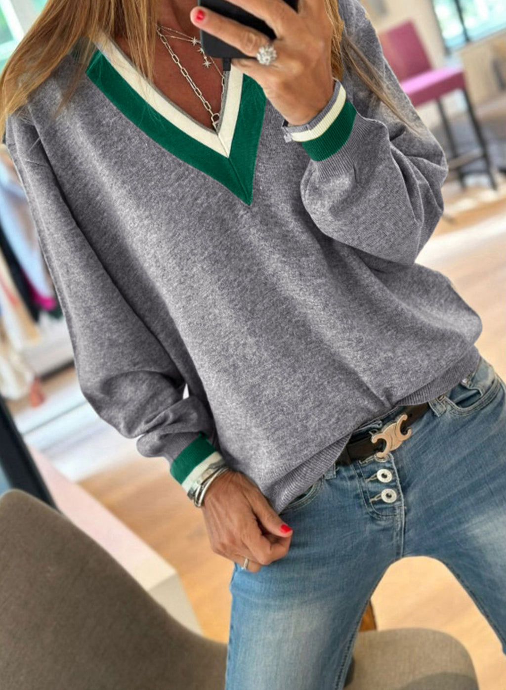 Varsity Stripe Contrast Trim V-Neck Sweater
