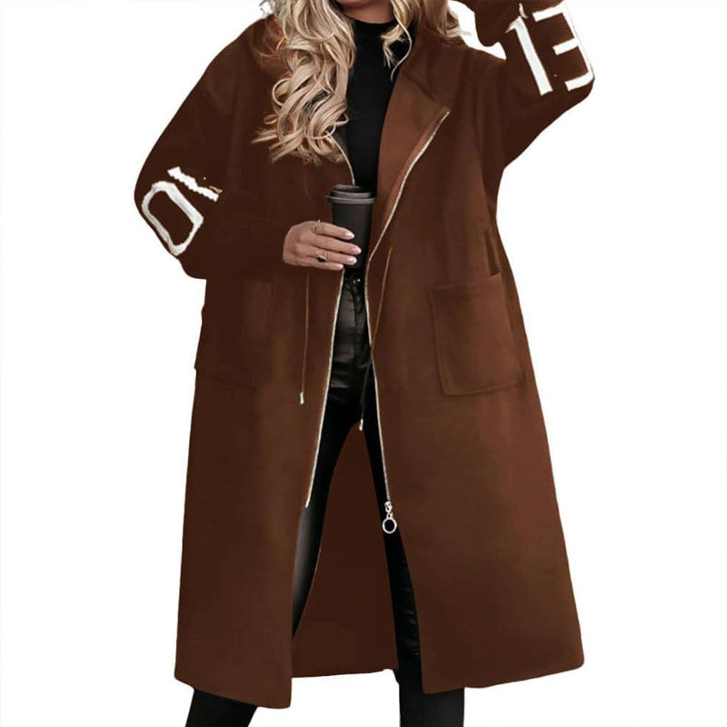 Women's Long Sleeve Letter Print Hooded Coat With Pockets - Zip Front
