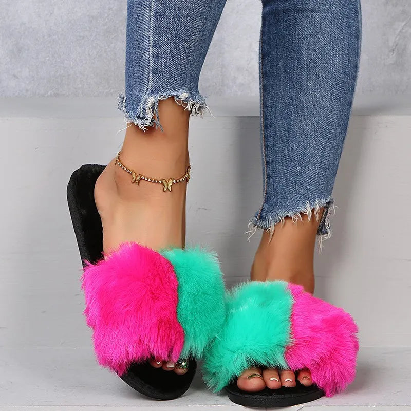 Fuzzy Open Toe Flats Sandals