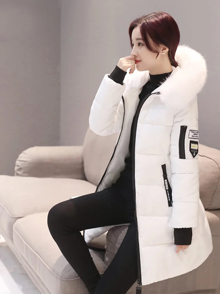 Winter Warm Fur Collar Hooded Women Parka Fashion Comfortable Zipper