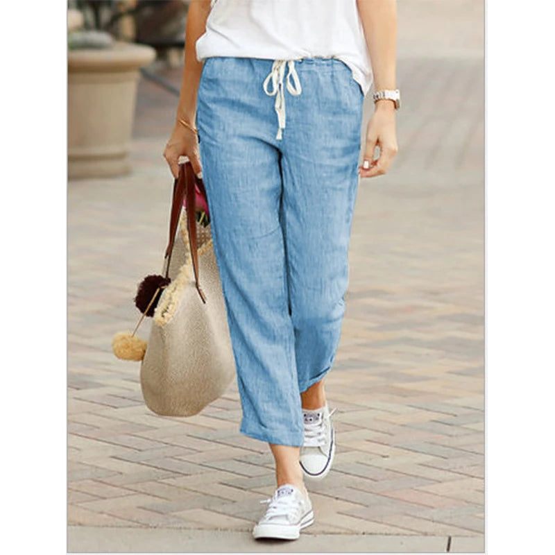 Casual Cotton Linen Pants Women Spring Summer Solid Color High Waist
