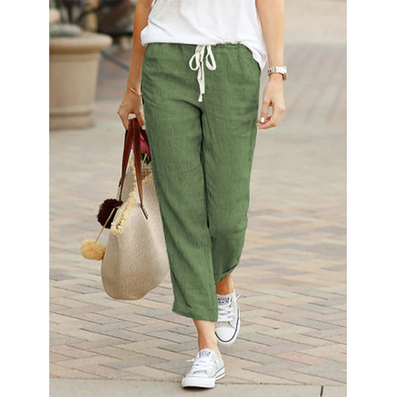 Casual Cotton Linen Pants Women Spring Summer Solid Color High Waist