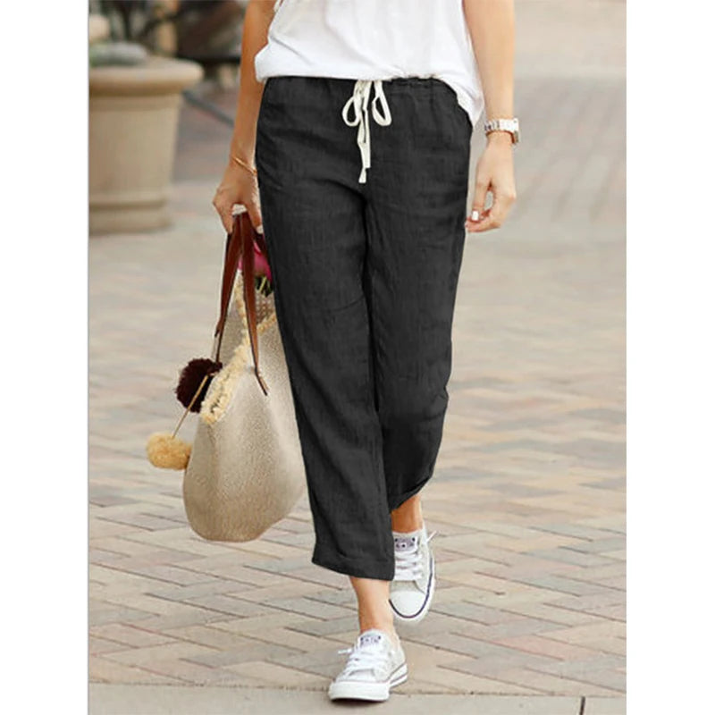 Casual Cotton Linen Pants Women Spring Summer Solid Color High Waist