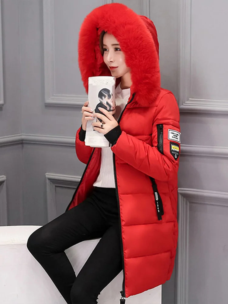 Winter Warm Fur Collar Hooded Women Parka Fashion Comfortable Zipper