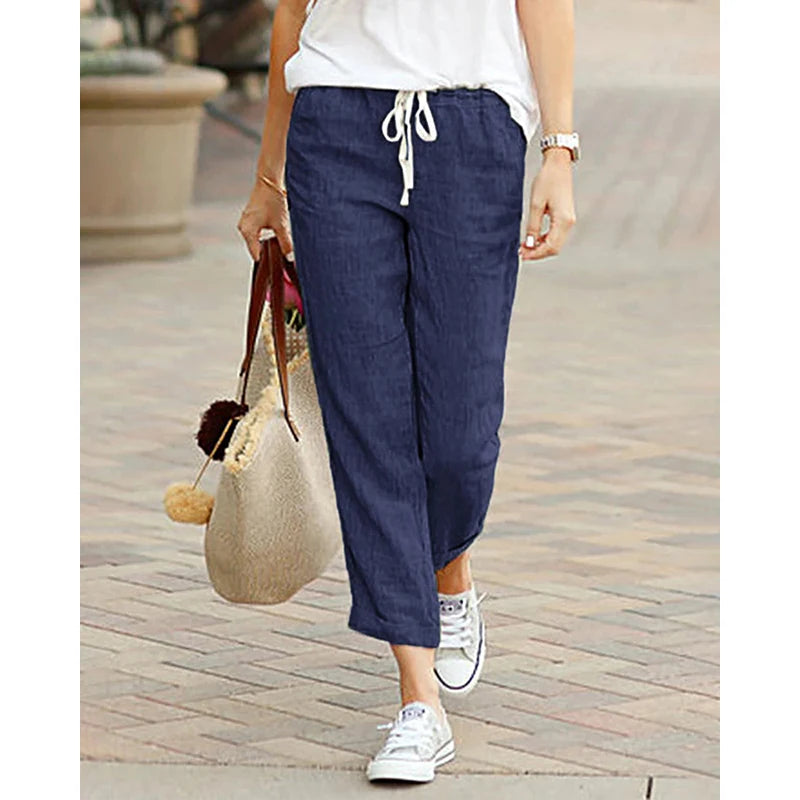 Casual Cotton Linen Pants Women Spring Summer Solid Color High Waist