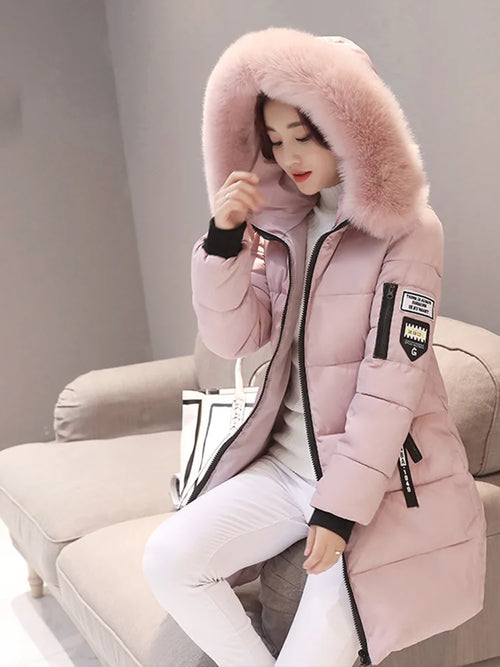 Winter Warm Fur Collar Hooded Women Parka Fashion Comfortable Zipper