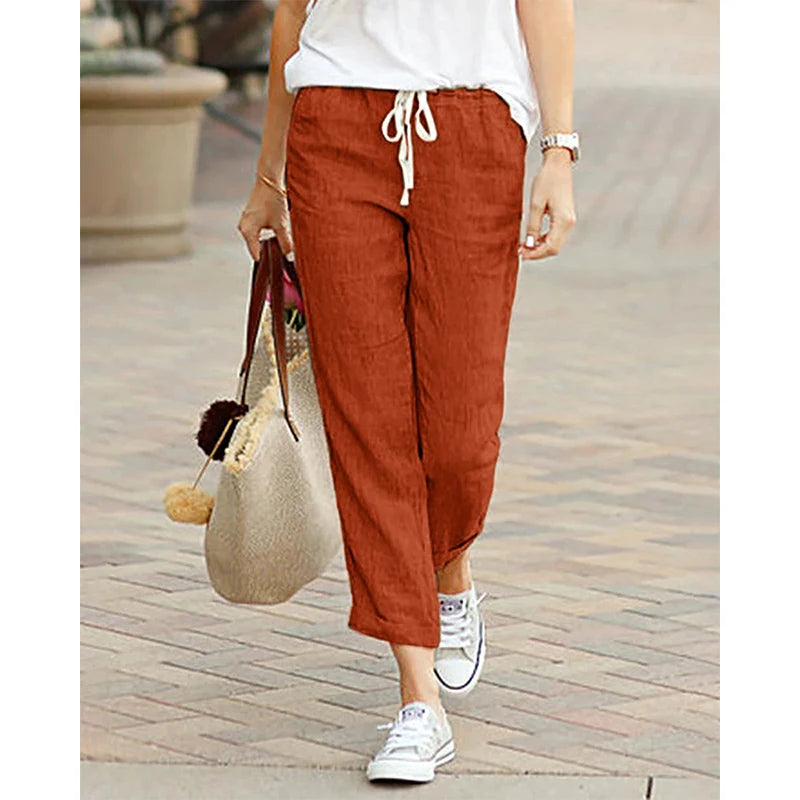 Casual Cotton Linen Pants Women Spring Summer Solid Color High Waist