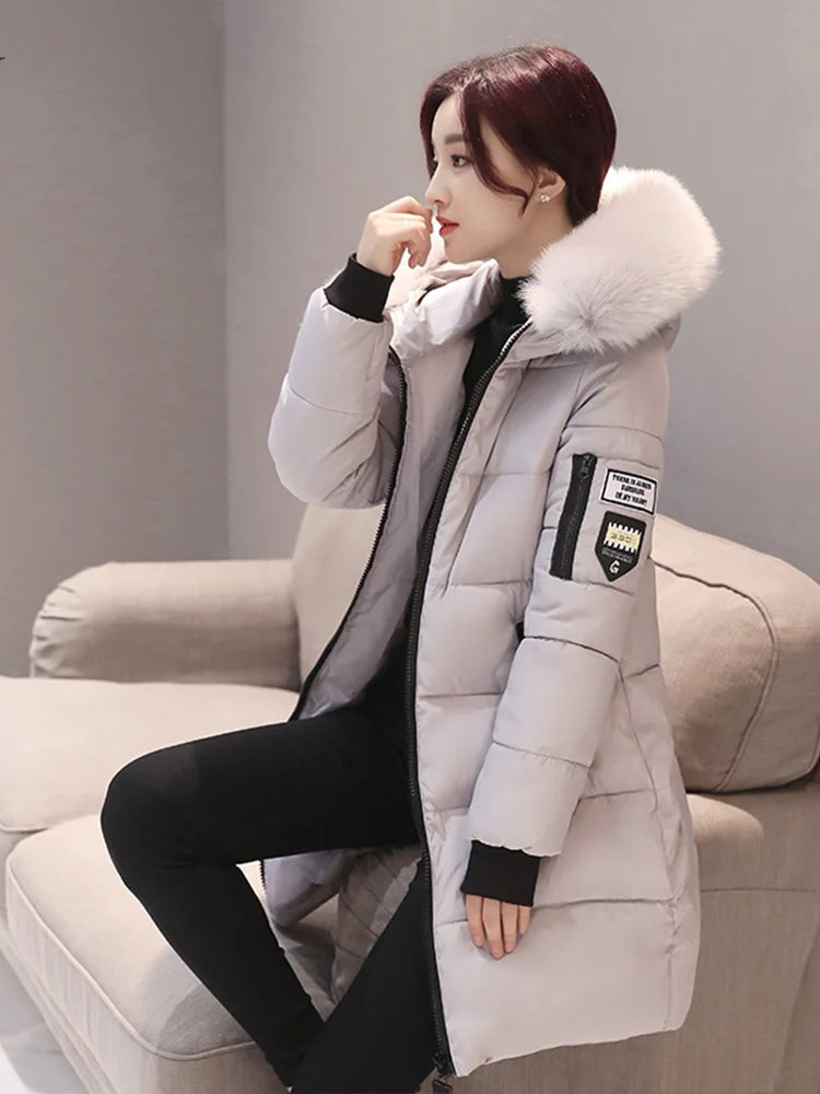 Winter Warm Fur Collar Hooded Women Parka Fashion Comfortable Zipper