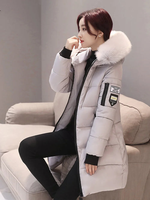 Winter Warm Fur Collar Hooded Women Parka Fashion Comfortable Zipper