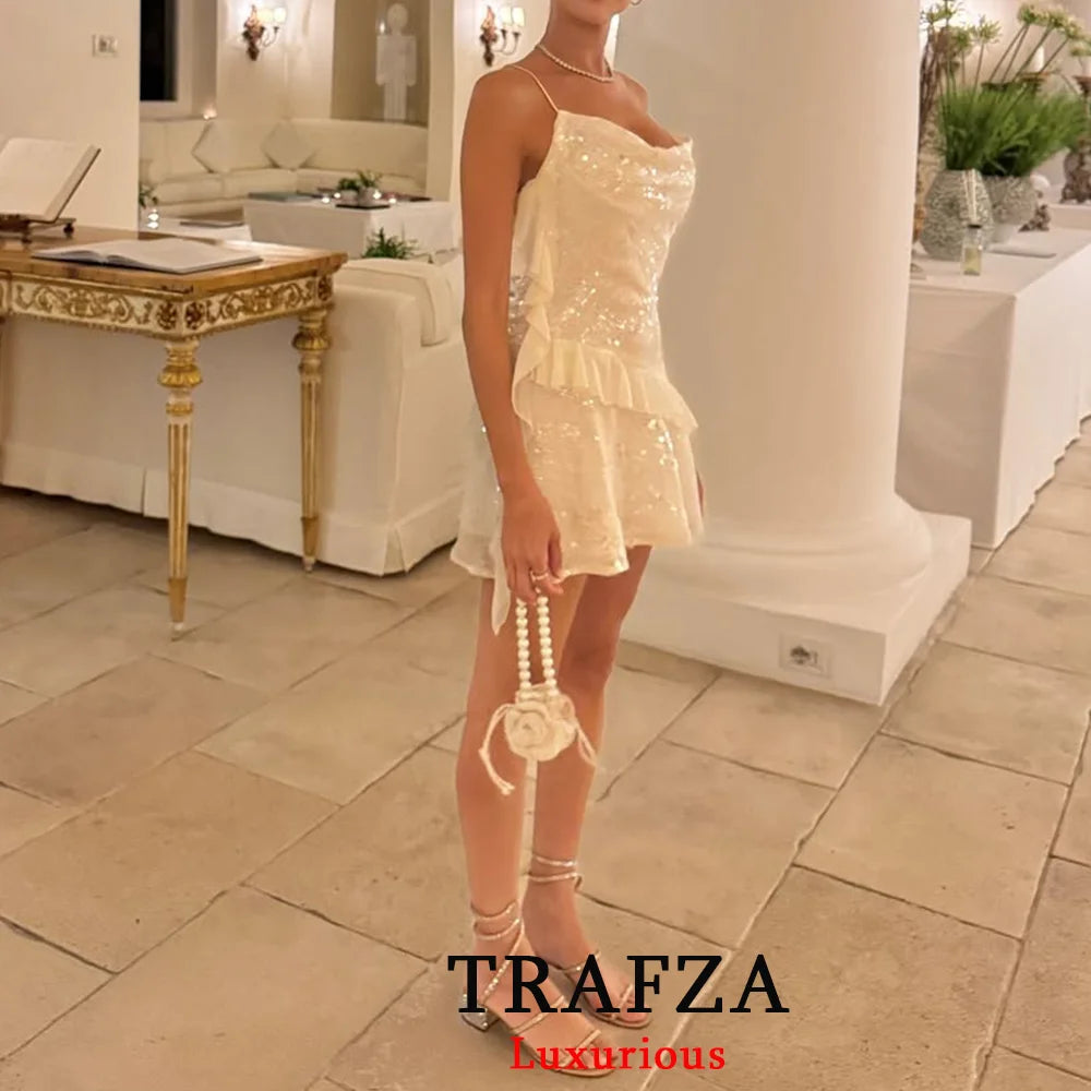 TRAFZA Sexy Chic Women Dress Solid Cami Backless Sequined Tierred Mini