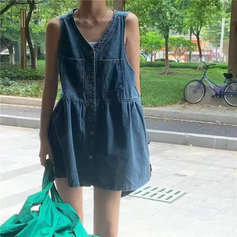 Sleeveless Strap Dress Women Summer Single-Breasted Pockets Denim