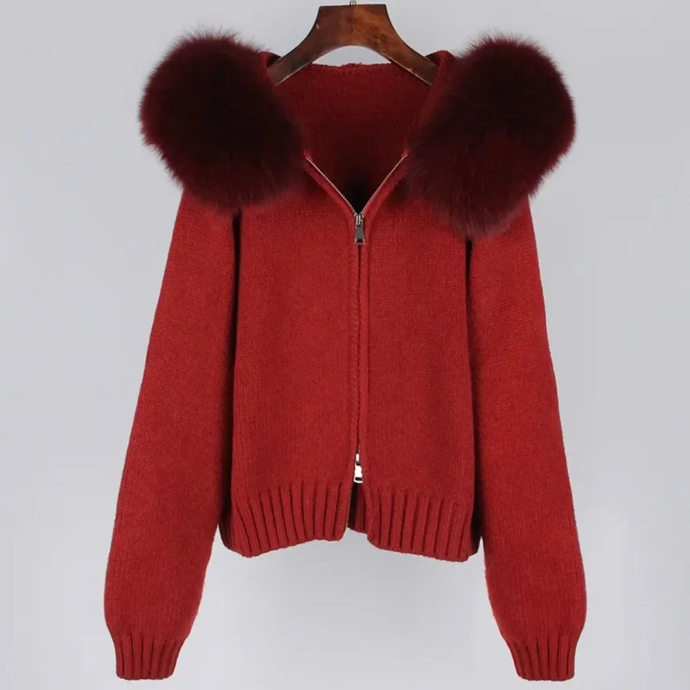 2024 Fashion Autumn Winter Casual Hooded Real Fox Fur Collar Fashion
