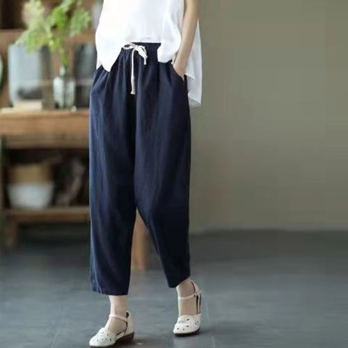 Solid Color Cotton and Linen Pants for Woman Vintage Loose Streetwear