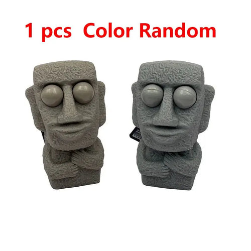 Stone man releases stress toy slowly rebounds soft Moai statue squeeze