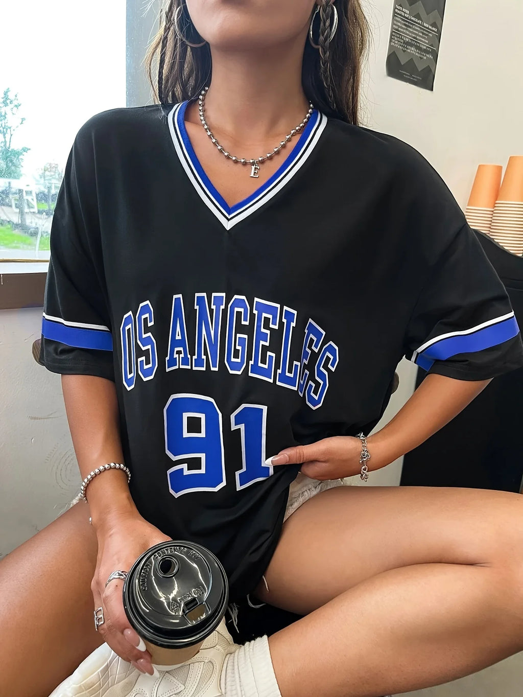 Women's Large Printed T-shirt Los Angeles 91 Letter Short Sleeve