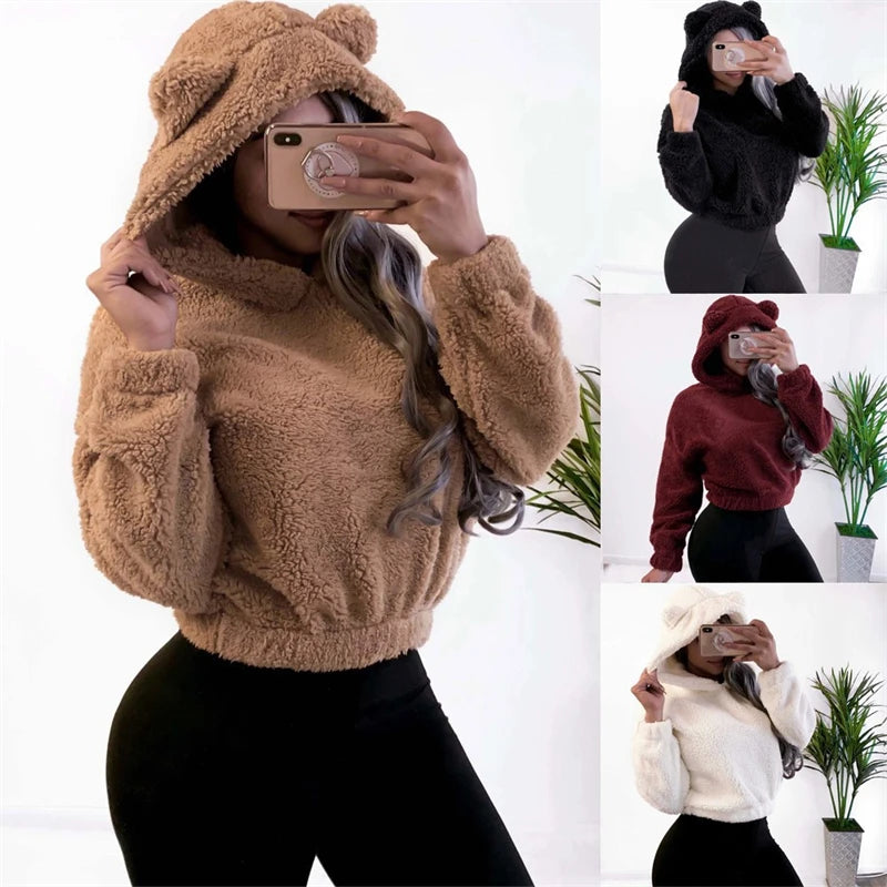 Winter Korean Fashion Bear Ears Cute Loose Hoodie Fluffy Hooded Warm