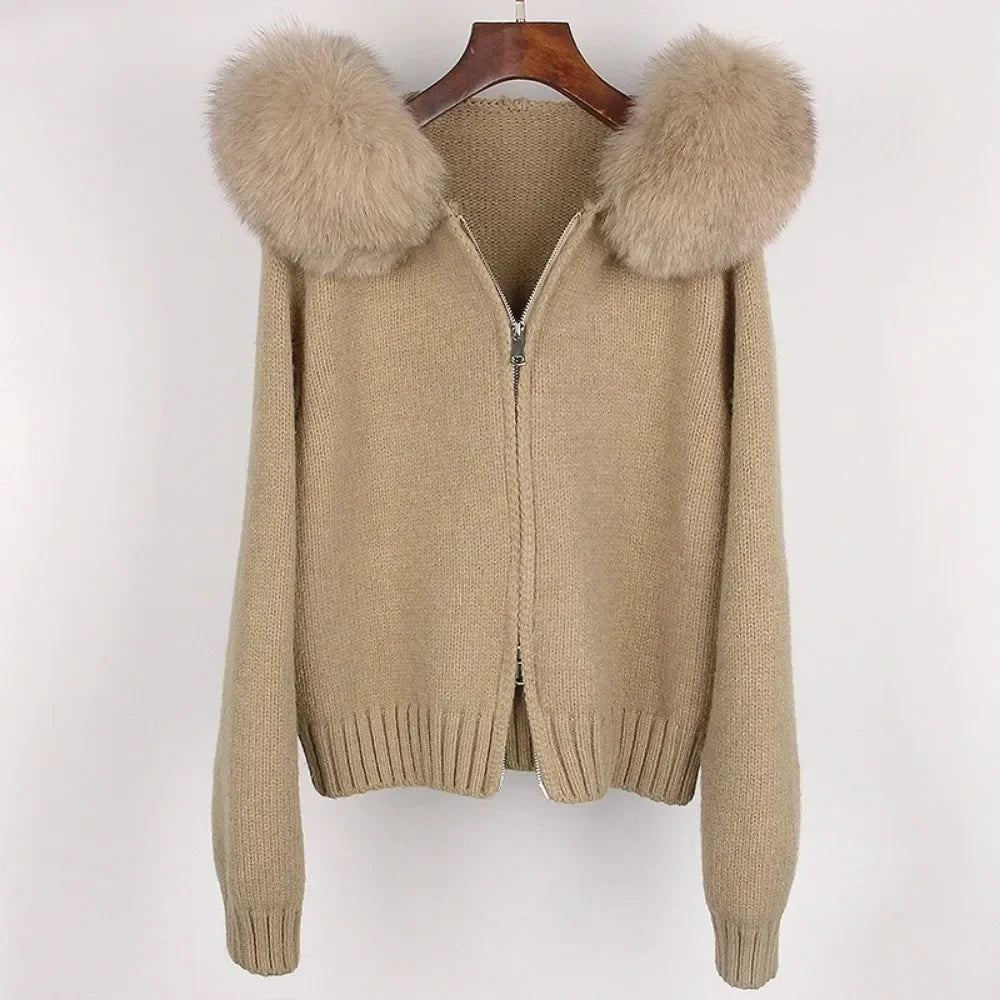 2024 Fashion Autumn Winter Casual Hooded Real Fox Fur Collar Fashion