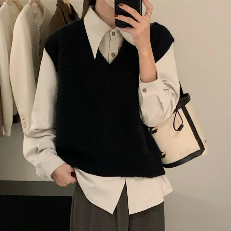 HELIAR Women V-Neck Knit Office Sweater Vest Loose Casual Pullovers