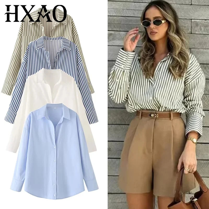 HXAO 2025 Woman Blouses Long Stripe Shirts Women Spring Summer Long